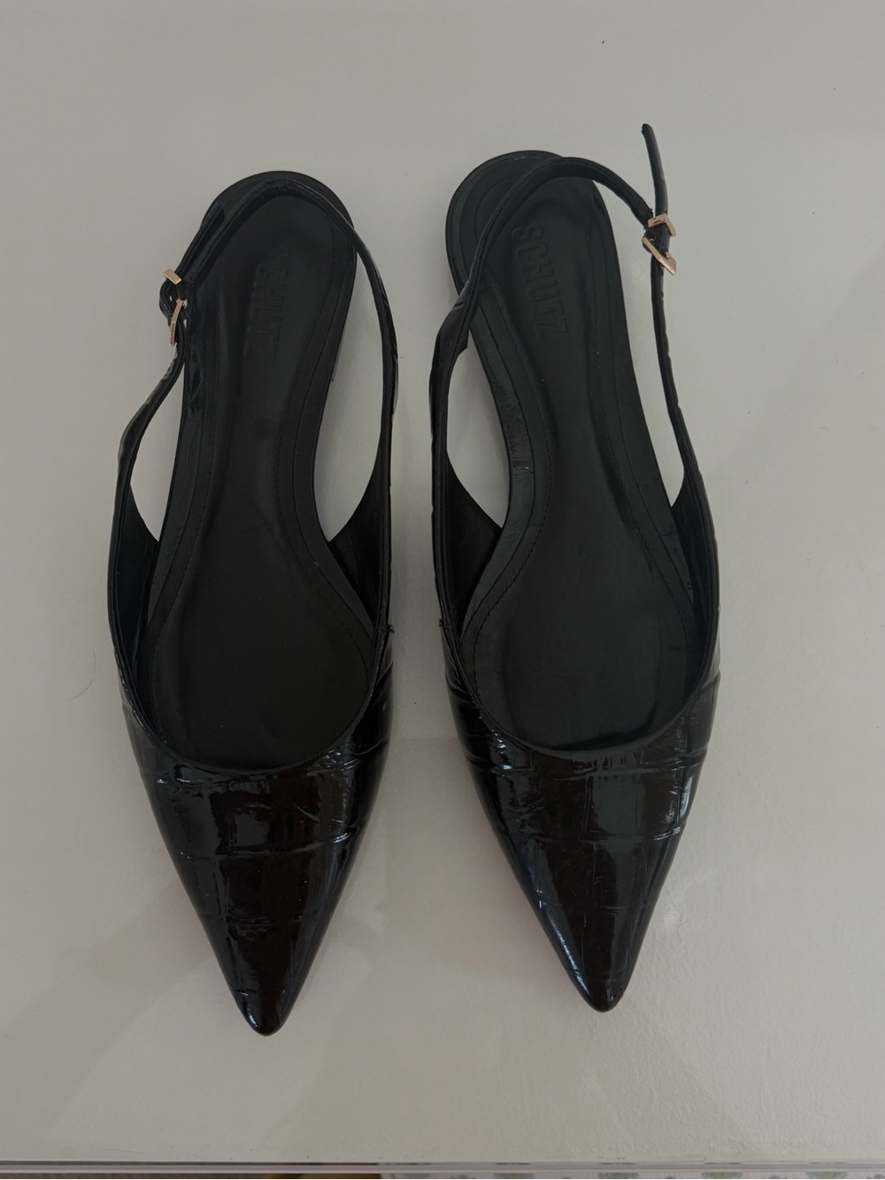 SCHUTZ Black Pointed Slingback Flats with Croc-Embossed Toe